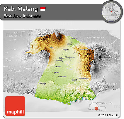 Physical 3D Map of Kab. Malang, lighten, desaturated