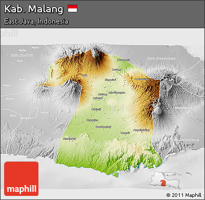 Physical 3D Map of Kab. Malang, lighten, desaturated