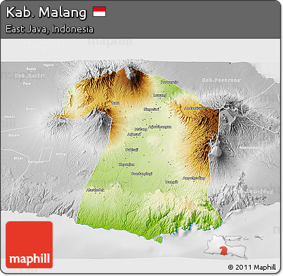 Physical 3D Map of Kab. Malang, lighten, desaturated