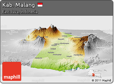 Physical Panoramic Map of Kab. Malang, lighten, desaturated