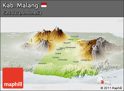 Physical Panoramic Map of Kab. Malang, lighten, semi-desaturated