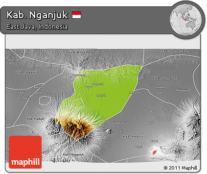 Physical 3D Map of Kab. Nganjuk, desaturated
