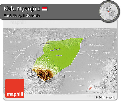 Physical 3D Map of Kab. Nganjuk, lighten, desaturated