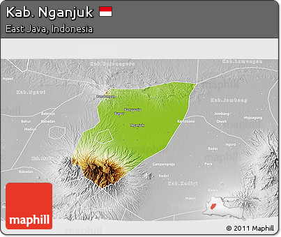 Physical 3D Map of Kab. Nganjuk, lighten, desaturated