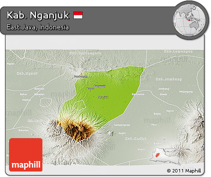 Physical 3D Map of Kab. Nganjuk, lighten, semi-desaturated