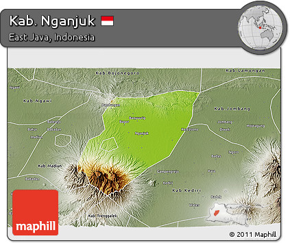 Physical 3D Map of Kab. Nganjuk, semi-desaturated