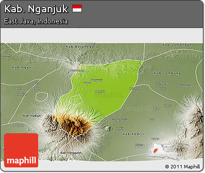 Physical 3D Map of Kab. Nganjuk, semi-desaturated