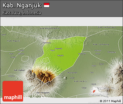 Physical 3D Map of Kab. Nganjuk, semi-desaturated