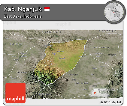 Satellite 3D Map of Kab. Nganjuk, semi-desaturated