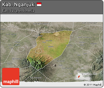 Satellite 3D Map of Kab. Nganjuk, semi-desaturated