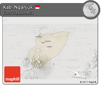 Shaded Relief 3D Map of Kab. Nganjuk, lighten, semi-desaturated