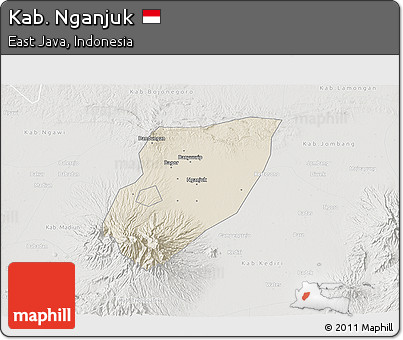 Shaded Relief 3D Map of Kab. Nganjuk, lighten, semi-desaturated