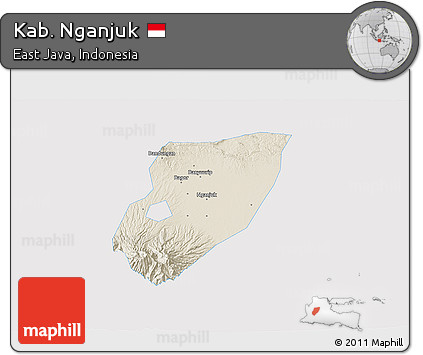 Shaded Relief 3D Map of Kab. Nganjuk, single color outside