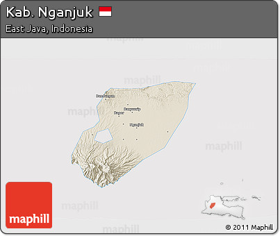 Shaded Relief 3D Map of Kab. Nganjuk, single color outside