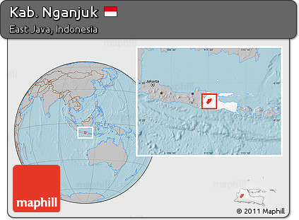 Gray Location Map of Kab. Nganjuk, highlighted parent region, hill shading