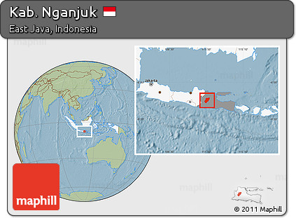 Savanna Style Location Map of Kab. Nganjuk, highlighted country, highlighted parent region, hill shading