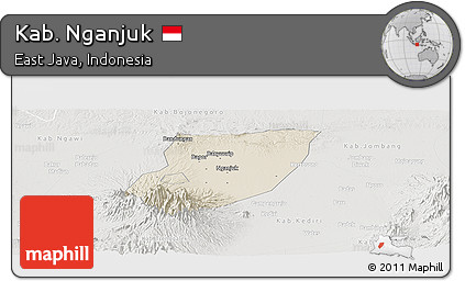 Shaded Relief Panoramic Map of Kab. Nganjuk, lighten, semi-desaturated