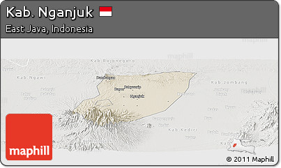 Shaded Relief Panoramic Map of Kab. Nganjuk, lighten, semi-desaturated