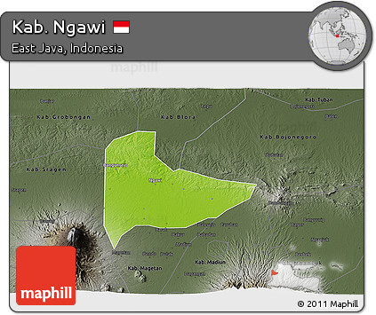 Physical 3D Map of Kab. Ngawi, darken, semi-desaturated