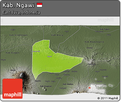 Physical 3D Map of Kab. Ngawi, darken, semi-desaturated