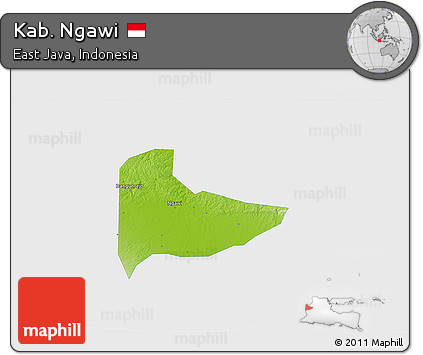Physical 3D Map of Kab. Ngawi, single color outside