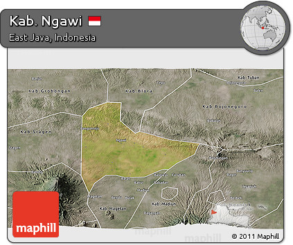 Satellite 3D Map of Kab. Ngawi, semi-desaturated