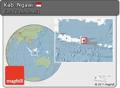 Savanna Style Location Map of Kab. Ngawi, highlighted country, highlighted parent region, hill shading