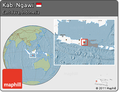 Savanna Style Location Map of Kab. Ngawi, highlighted country, highlighted parent region, hill shading