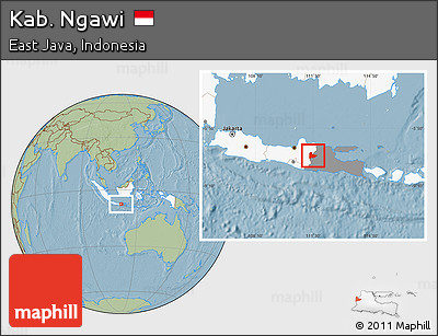 Savanna Style Location Map of Kab. Ngawi, highlighted country, highlighted parent region, hill shading