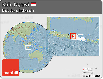Savanna Style Location Map of Kab. Ngawi, highlighted parent region, hill shading