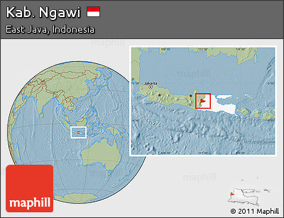 Savanna Style Location Map of Kab. Ngawi, highlighted parent region, hill shading