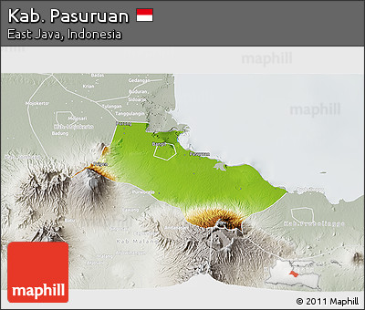 Physical 3D Map of Kab. Pasuruan, lighten, semi-desaturated