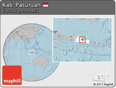 Gray Location Map of Kab. Pasuruan, highlighted parent region, hill shading
