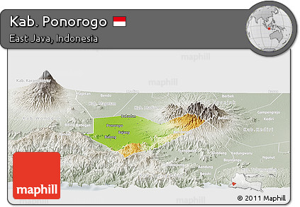 Physical Panoramic Map of Kab. Ponorogo, lighten, semi-desaturated