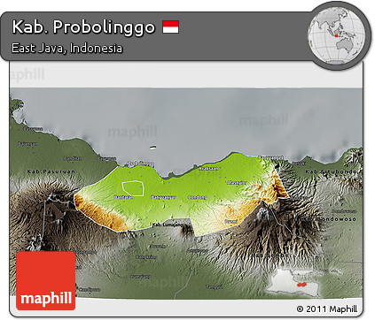 Physical 3D Map of Kab. Probolinggo, darken, semi-desaturated