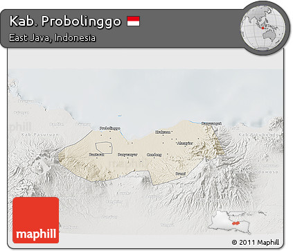 Shaded Relief 3D Map of Kab. Probolinggo, lighten, semi-desaturated