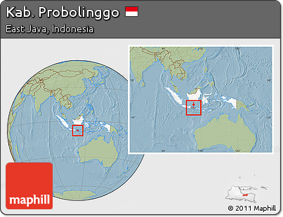 Savanna Style Location Map of Kab. Probolinggo, highlighted country, highlighted parent region, within the entire country, hill shading