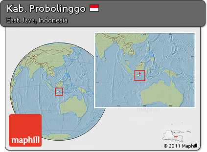 Savanna Style Location Map of Kab. Probolinggo, highlighted parent region, within the entire country, hill shading