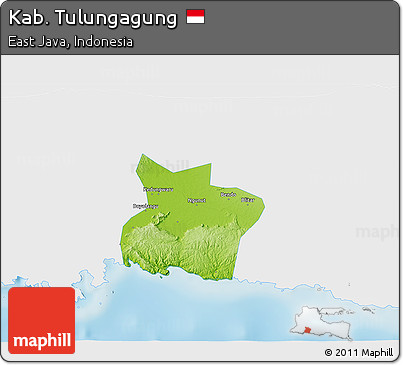 Physical 3D Map of Kab. Tulungagung, single color outside