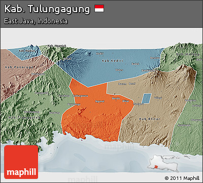 Political 3D Map of Kab. Tulungagung, semi-desaturated