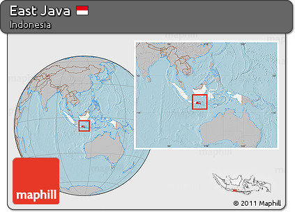 Gray Location Map of East Java, highlighted country, within the entire country, hill shading