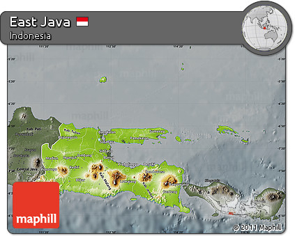 Physical Map of East Java, darken, semi-desaturated