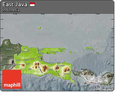 Physical Map of East Java, darken, semi-desaturated