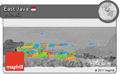 Political Panoramic Map of East Java, darken, desaturated