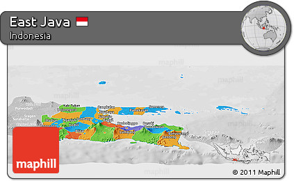 Political Panoramic Map of East Java, lighten, desaturated