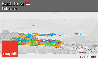 Political Panoramic Map of East Java, lighten, desaturated