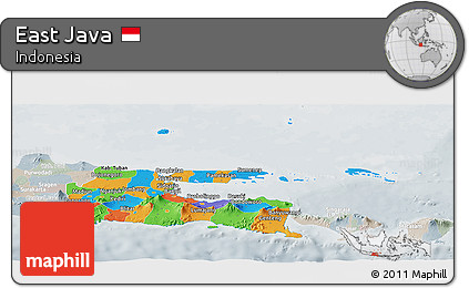 Political Panoramic Map of East Java, lighten, semi-desaturated