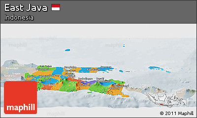 Political Panoramic Map of East Java, lighten, semi-desaturated