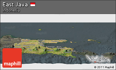 Satellite Panoramic Map of East Java, darken, semi-desaturated