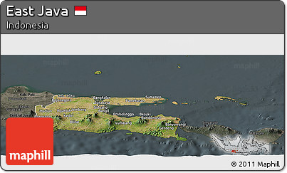 Satellite Panoramic Map of East Java, darken, semi-desaturated